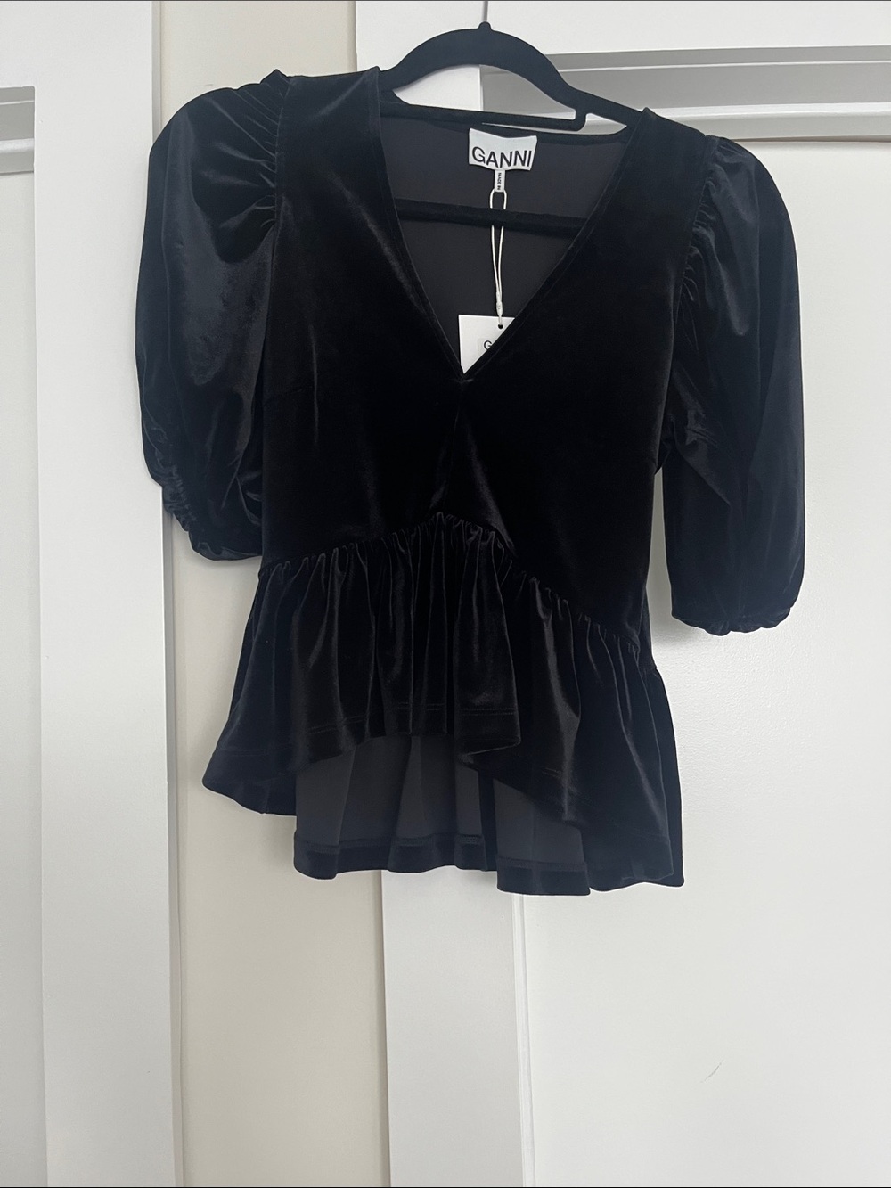 Ganni Black Velvet V-Neck Peplum Top with Puff Sleeves